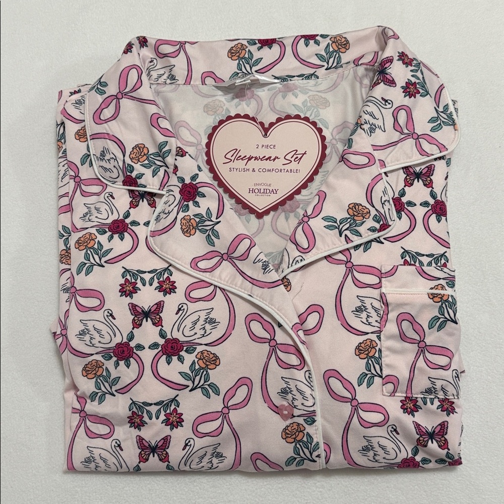 Envogue Women’s XL Swan & Ribbon Pink White Pajama Set Super Soft - NWT